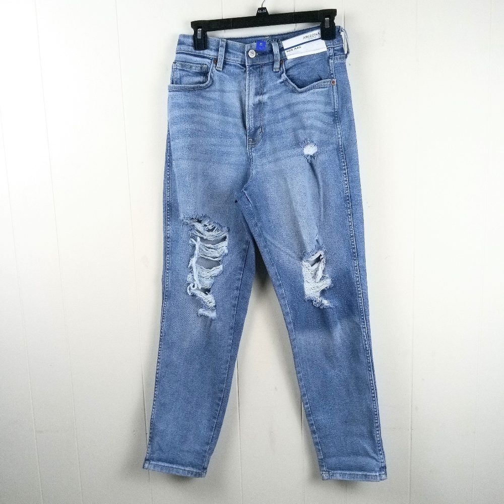 Arizona High Rise Semi Relaxed Mom Jeans Junior 9 Tapered Leg Distressed Blue